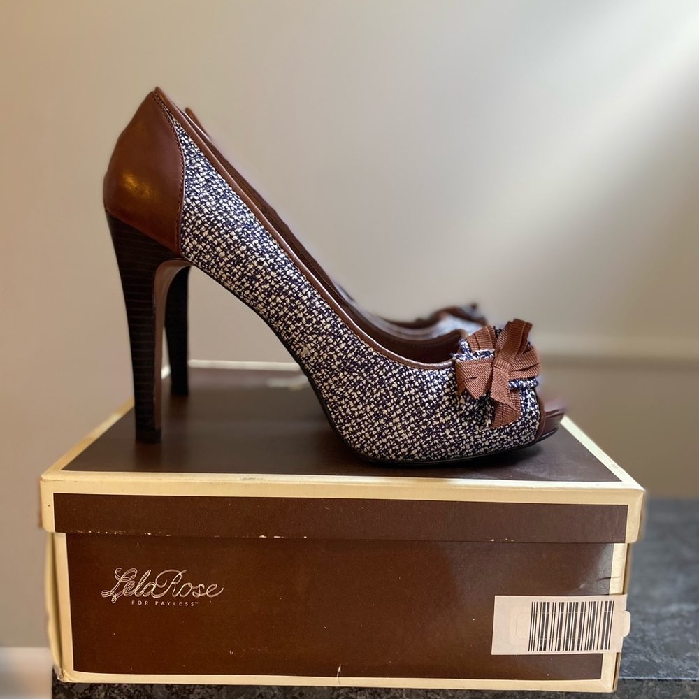 Size 10 blue/white tweed with brown peep toe heels